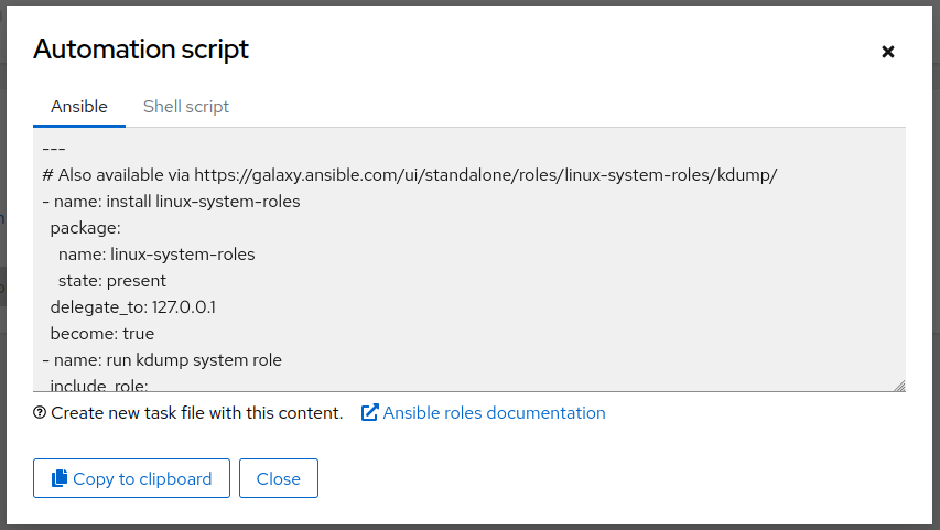 screenshot of shell automation dialog with the "Ansible" tab selected and the "shell script" tab unselected