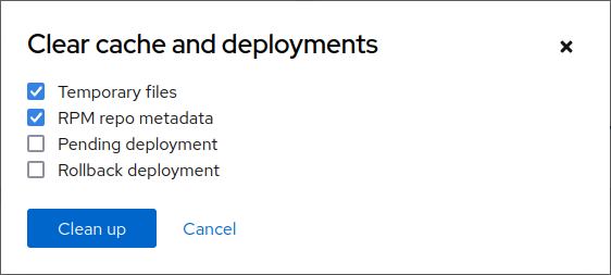 screenshot of the clean up modal dialog, with cache selected and deployments unselected by default