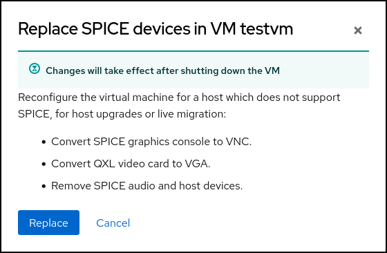 screenshot of action to replace spice devices