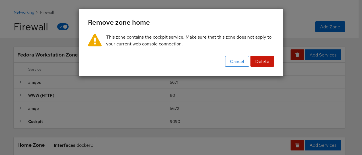 Firewall removing a zone warns you