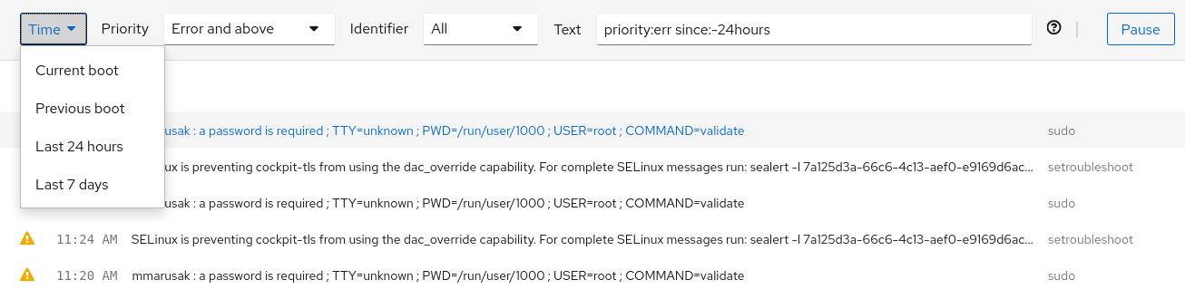 Logs filtering by time and boot