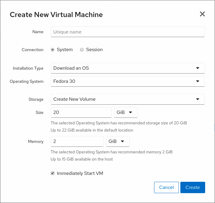 Create VM dialog