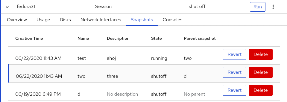 VM snapshot actions