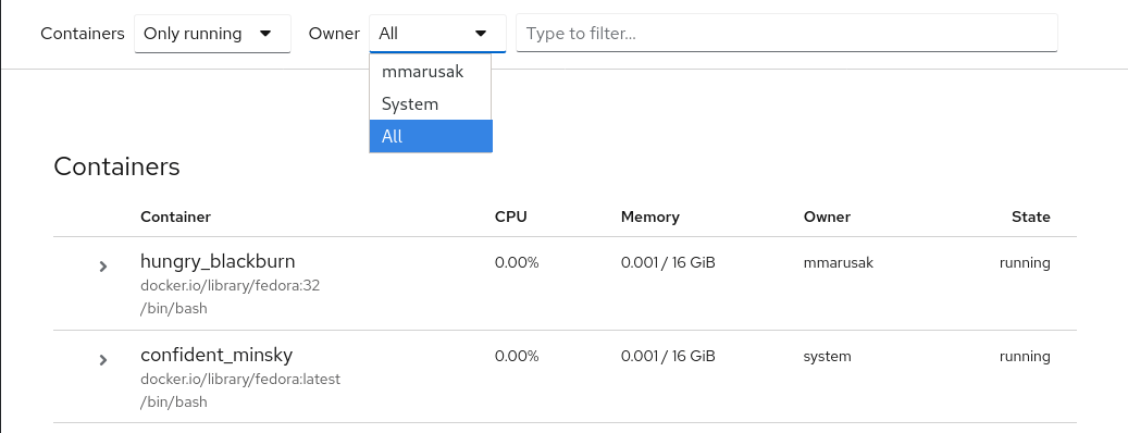 Cockpit podman owner filter